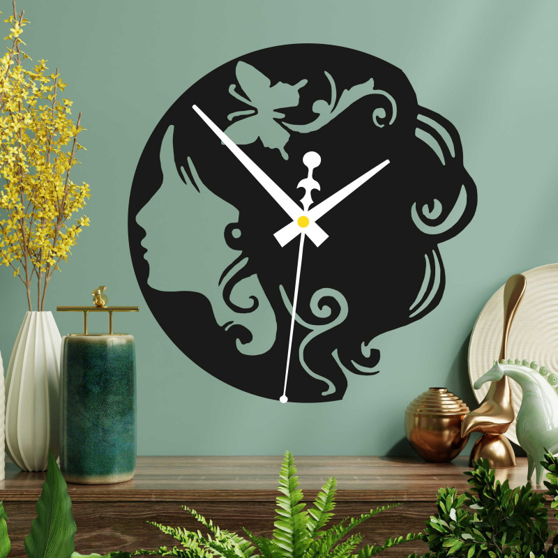 Dřevěné hodiny - dáma s motýlem ve vlasech černé i barevné | SENTOP PR0399