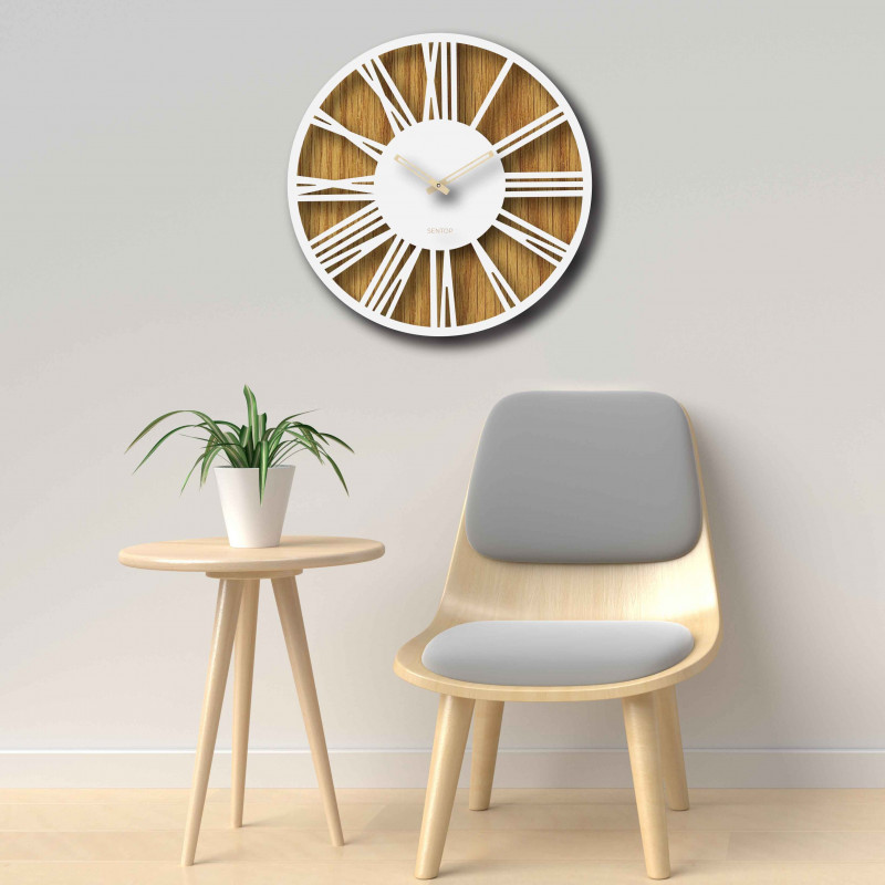 Moderní dřevěné nástěnné hodiny s minimalistickým geometrickým designem