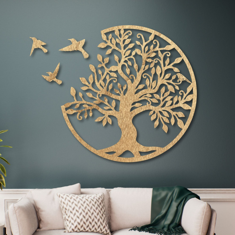 Dřevěná dekorace na zeď - Strom života s létajícími ptáky I SENTOP
