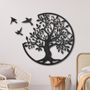 Dřevěná dekorace na zeď - Strom života s létajícími ptáky...