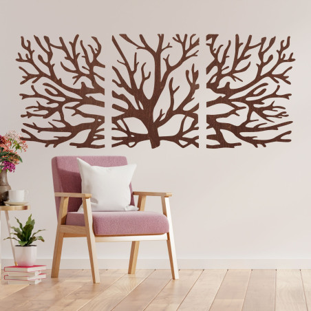 Třídílný dřevěný obraz – Majestátní strom s větvemi, lesní triptych, přírodní nástěnná dekorace