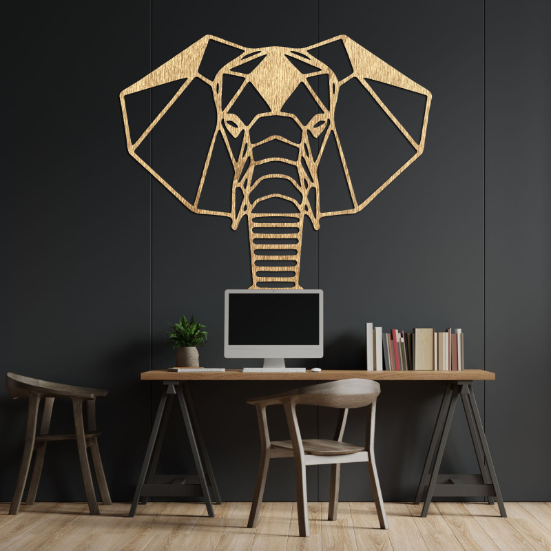 Geometrická dřevěná dekorace slona na zeď v moderním minimalistickém stylu