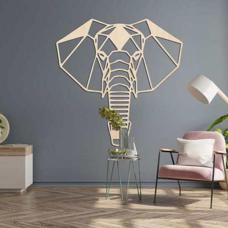 Geometrická dřevěná dekorace slona na zeď v moderním minimalistickém stylu