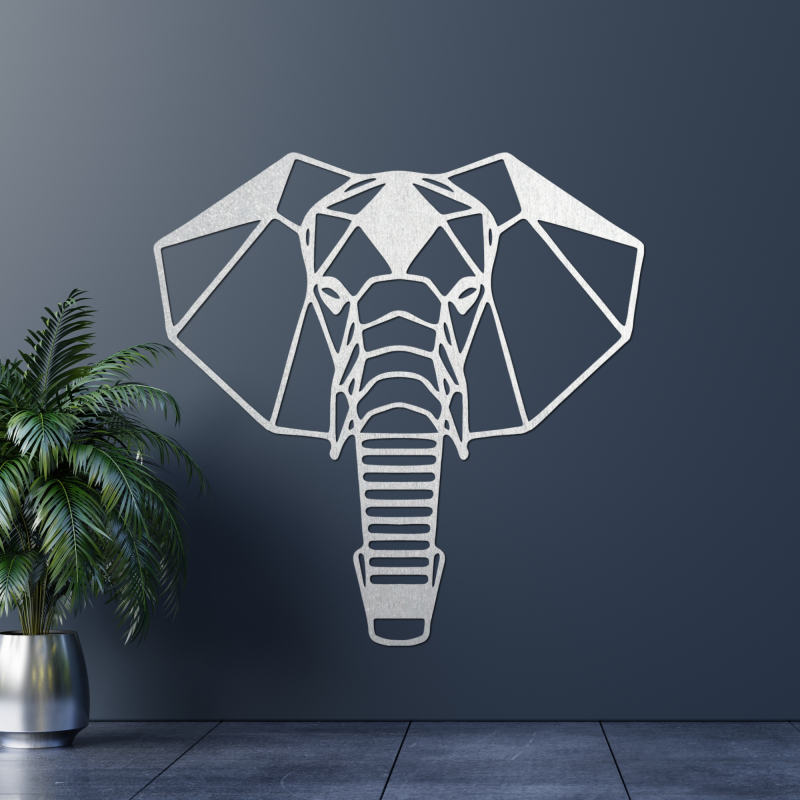 Geometrická dřevěná dekorace slona na zeď v moderním minimalistickém stylu