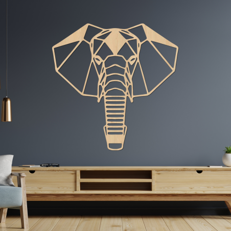 Geometrická dřevěná dekorace slona na zeď v moderním stylu