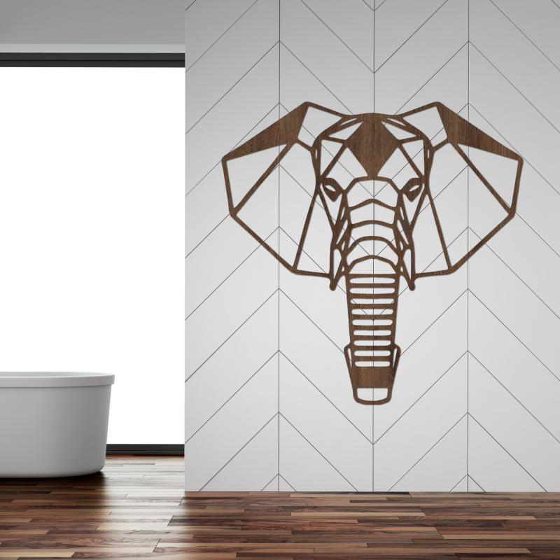 Geometrická dřevěná dekorace slona na zeď v moderním stylu