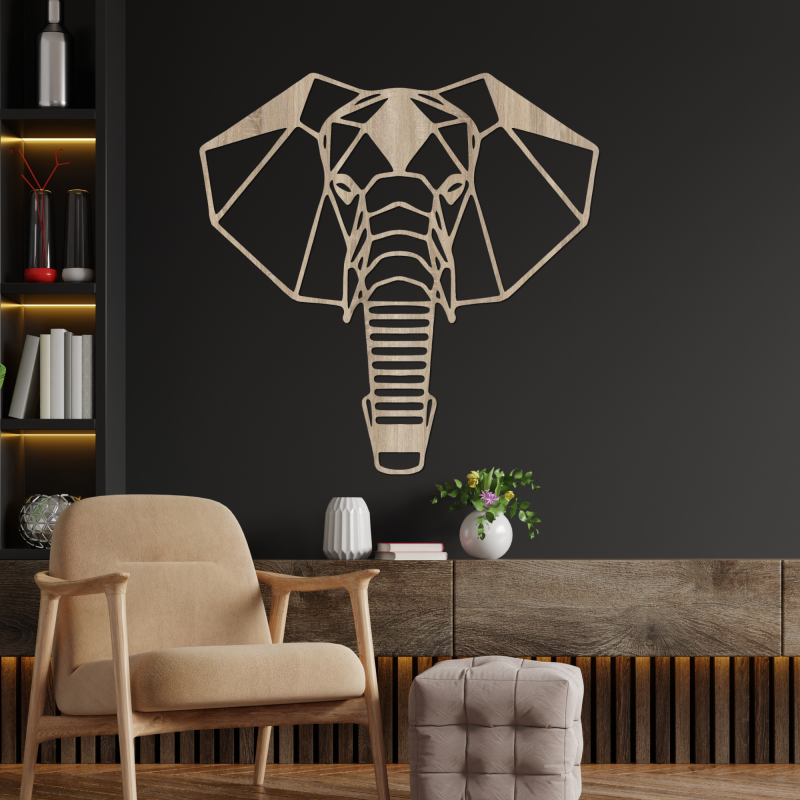 Geometrická dřevěná dekorace slona na zeď v moderním stylu