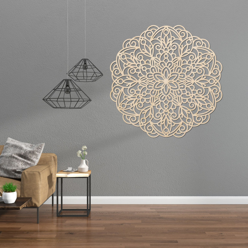 Elegantní dřevěná mandala na zeď v moderním boho stylu interiéru