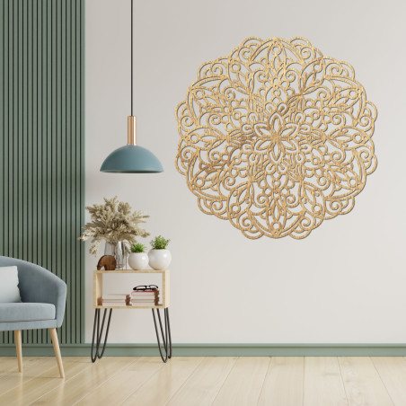 Elegantní dřevěná mandala na zeď v moderním boho stylu interiéru