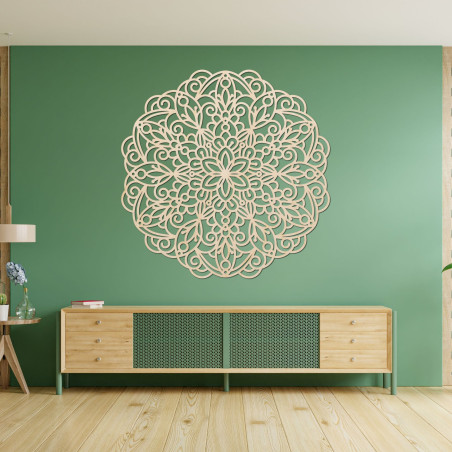 Elegantní dřevěná mandala na zeď v moderním boho stylu interiéru