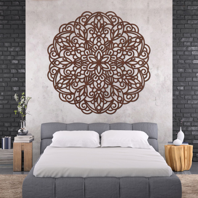 Elegantní dřevěná mandala na zeď v moderním boho stylu interiéru