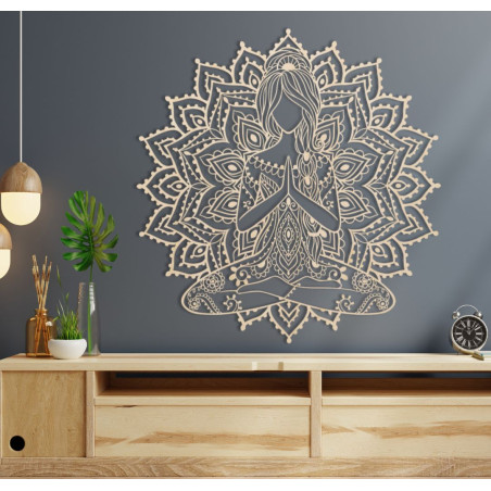 Dřevěná 3D mandala jóga žena na zeď – designová dekorace do obývacího pokoje pro moderní a harmonický interiér.