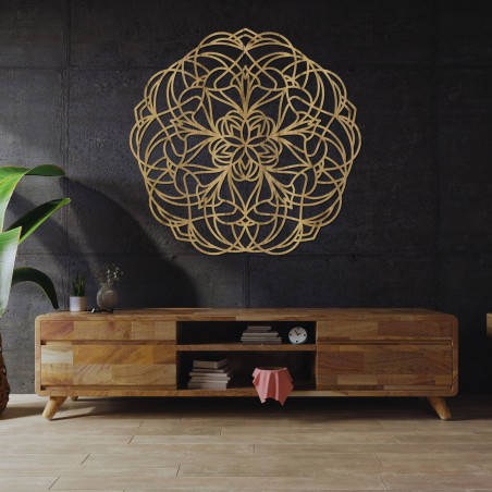 Dřevěná nástěnná mandala z přírodního dřeva do moderního interiéru