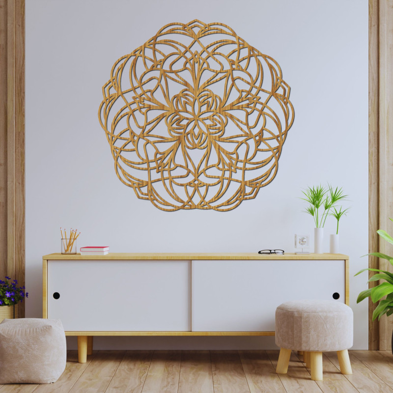 Dřevěná nástěnná mandala z přírodního dřeva do moderního interiéru