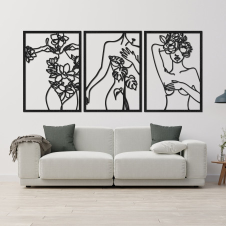 Třídílný obraz ženy s květinami v moderním line art stylu