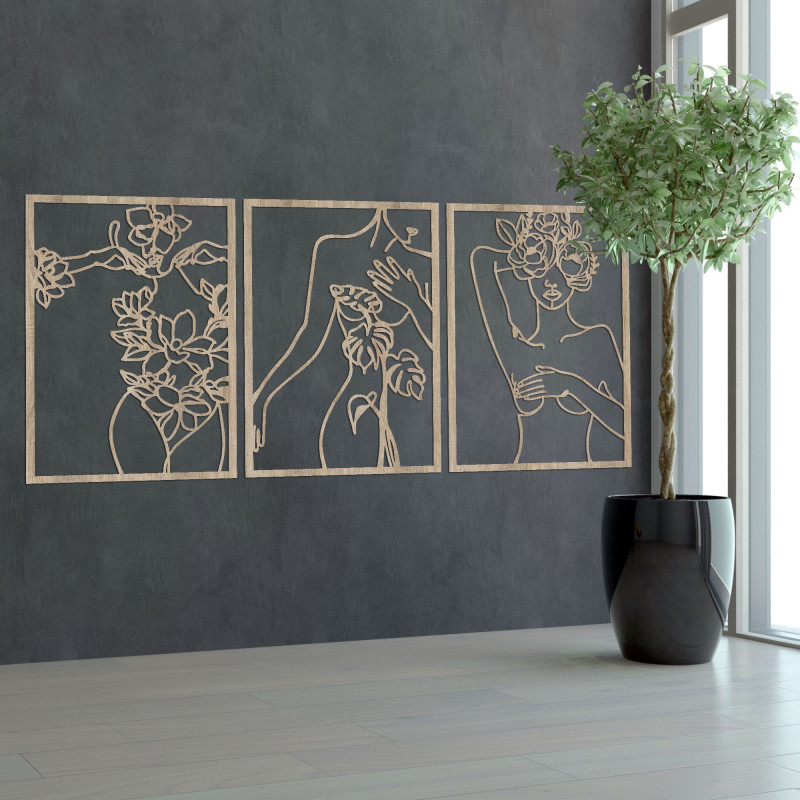 Třídílný obraz ženy s květinami v moderním line art stylu