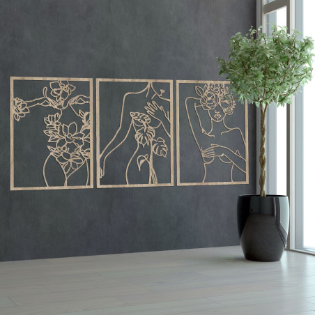 Třídílný obraz ženy s květinami v moderním line art stylu