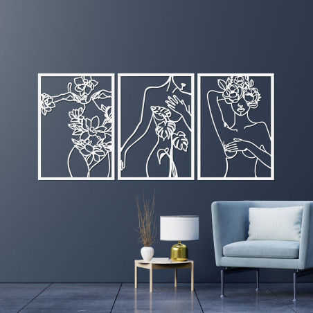 Třídílný obraz ženy s květinami v moderním line art stylu