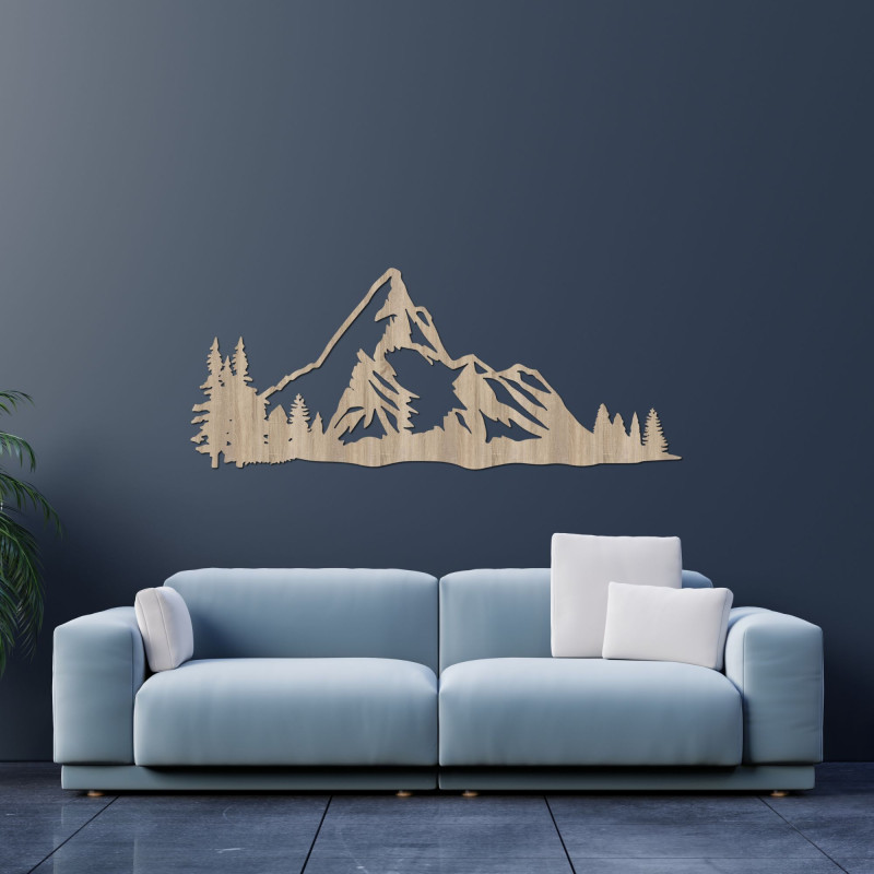 Dřevěný obraz horského panoramatu s lesem jako elegantní dekorace na zeď