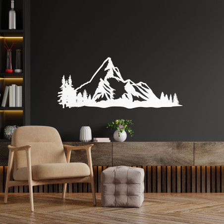 Dřevěný obraz horského panoramatu s lesem jako elegantní dekorace na zeď