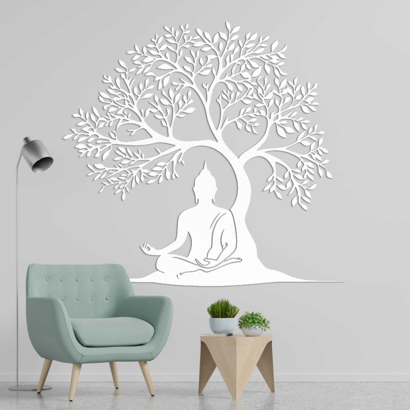 Dřevěný strom života s meditující postavou Buddhy pod stromem
