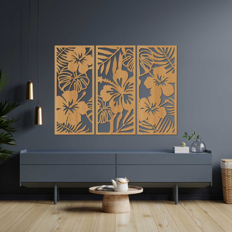 Dřevěná dekorace na zeď: Exotický květ a listy