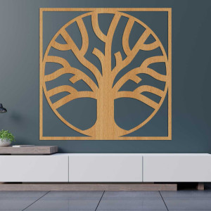 Minimalistický strom života vyřezaný z kvalitního dřeva v kruhovém rámu.
