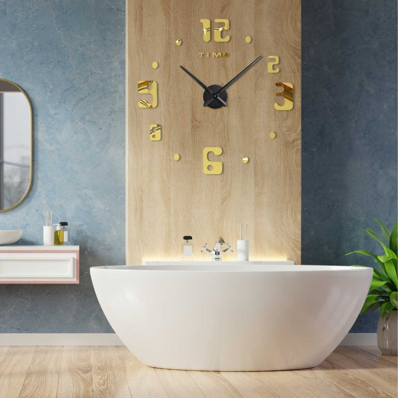 Nástěnné hodiny s nápisem TIME pod číslem dvanáct a moderním číselným stylem.