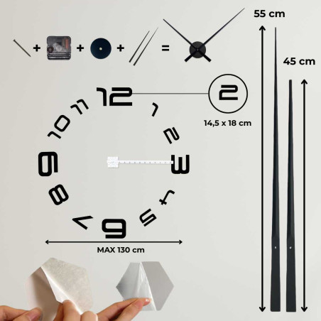 Ilustrace nástěnných nalepovacích hodin zobrazující proporce a rozměry produktu. Ilustrace nástěnných nalepovacích hodin zobrazující proporce a rozměry produktu.