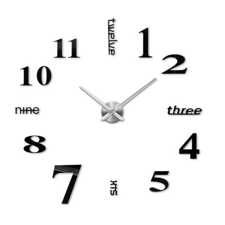Nalepovací hodiny s výraznými ručičkami a netradiční typografií čísel. Nalepovací hodiny s výraznými ručičkami a netradiční typografií čísel.