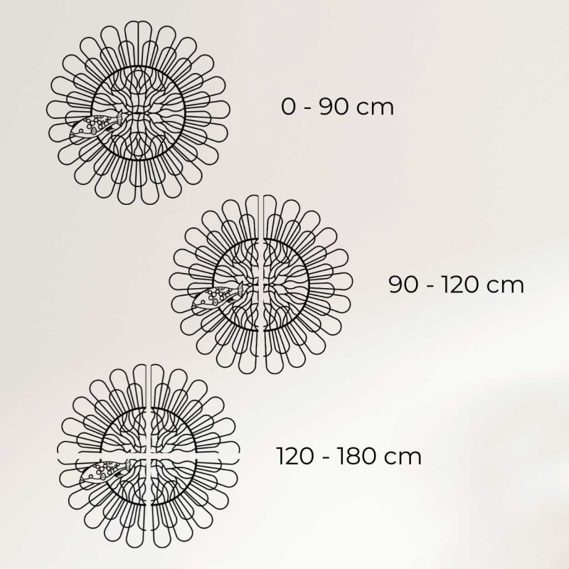 Ilustrační obrázek s rozměry nástěnné dekorace v kruhovém tvaru, zobrazená šířka a výška v centimetrech.