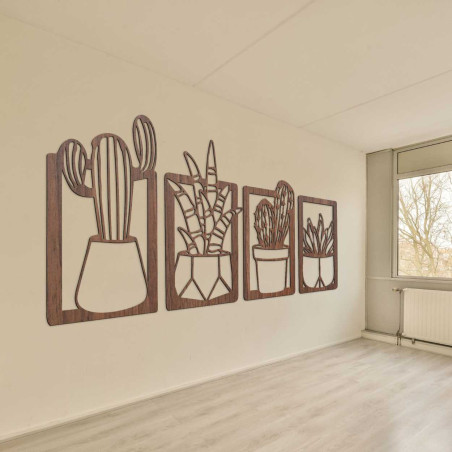 Rustikální dřevěná dekorace s jemnými motivy pokojových rostlin Rustikální dřevěná dekorace s jemnými motivy pokojových rostlin