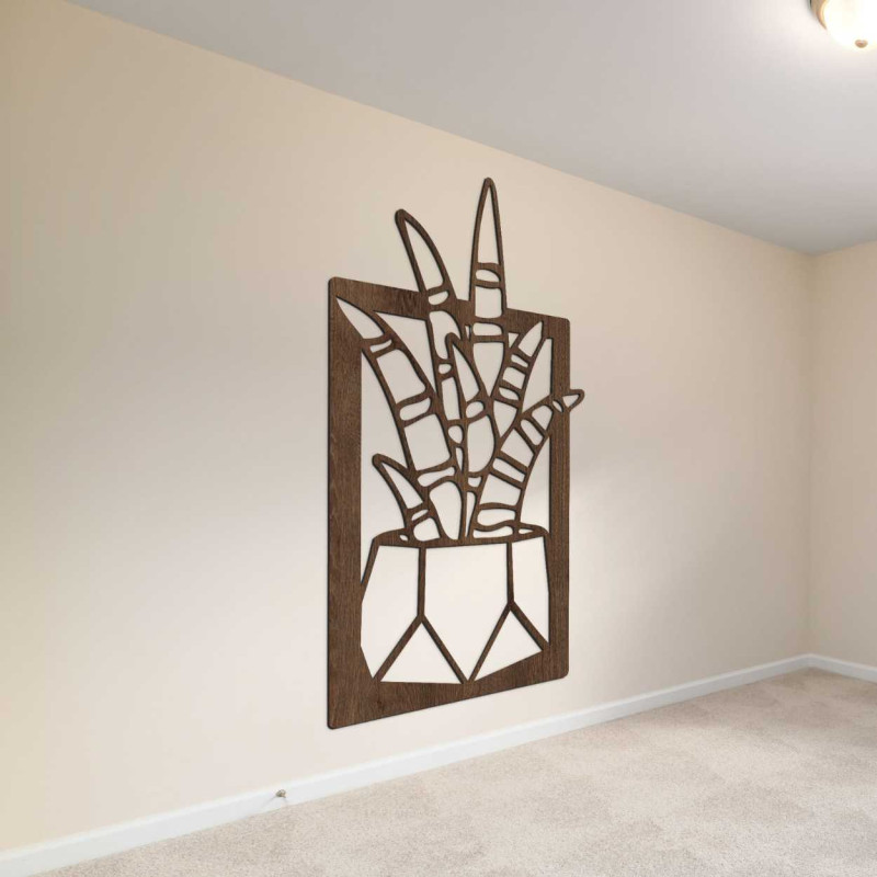 Dřevěná nástěnná dekorace se čtyřmi motivy sukulentů a kaktusů v květináčích