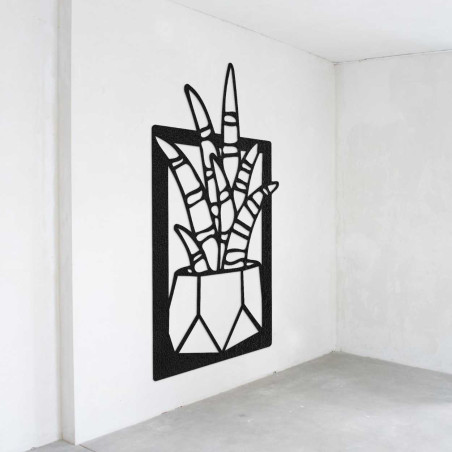 Nástěnná dřevěná dekorace s motivem přírodních rostlin a květináčů