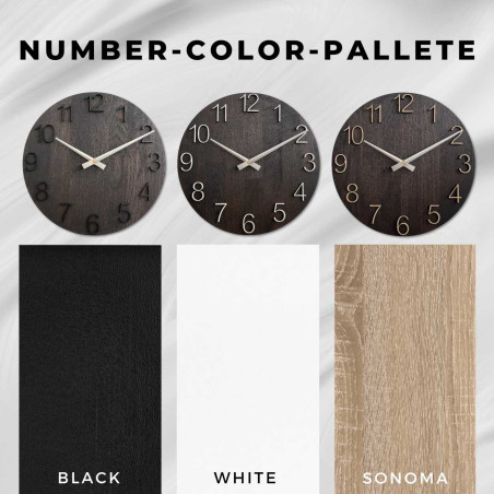 Moderní dřevěné hodiny s jednoduchým ciferníkem a kovovými ručičkami.