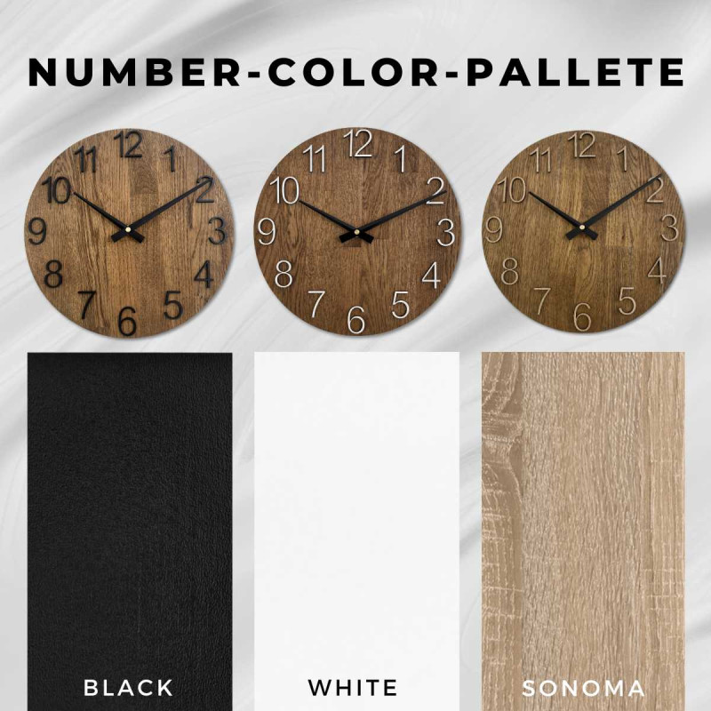 Kruhové hodiny s dekorativním výřezem ve středové části a jemnou kresbou dřeva.