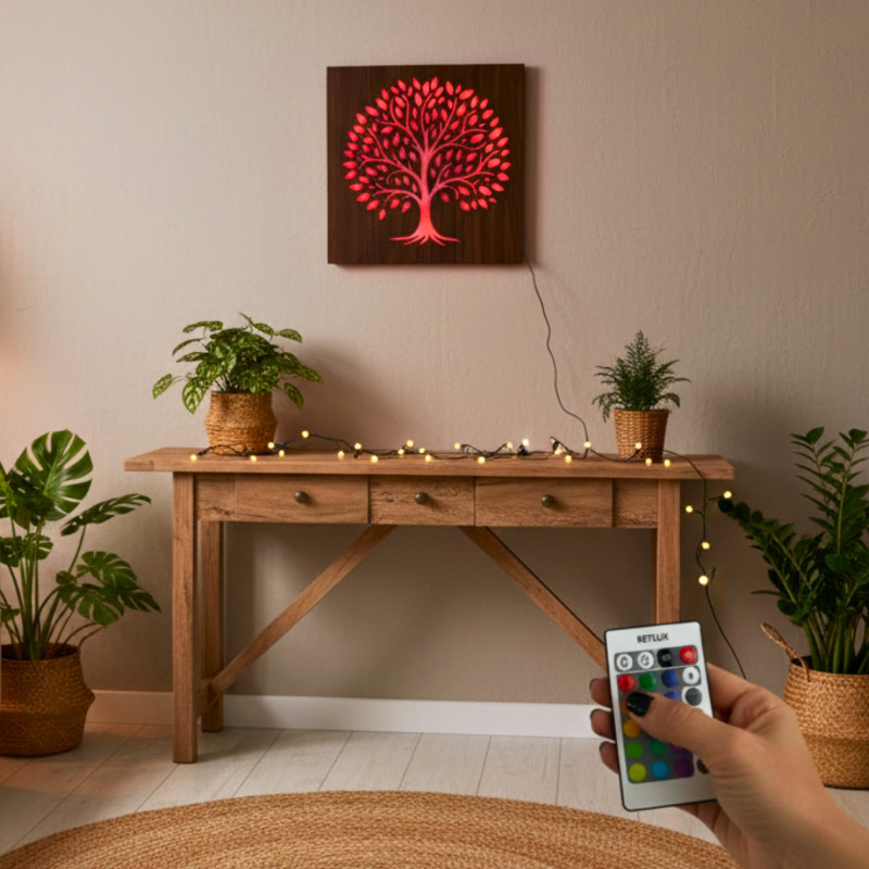 LED obraz Strom života – dřevěná dekorace s podsvícením