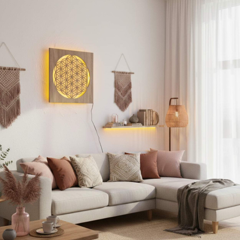 Podsvícený dřevěný obraz Květ života – LED...