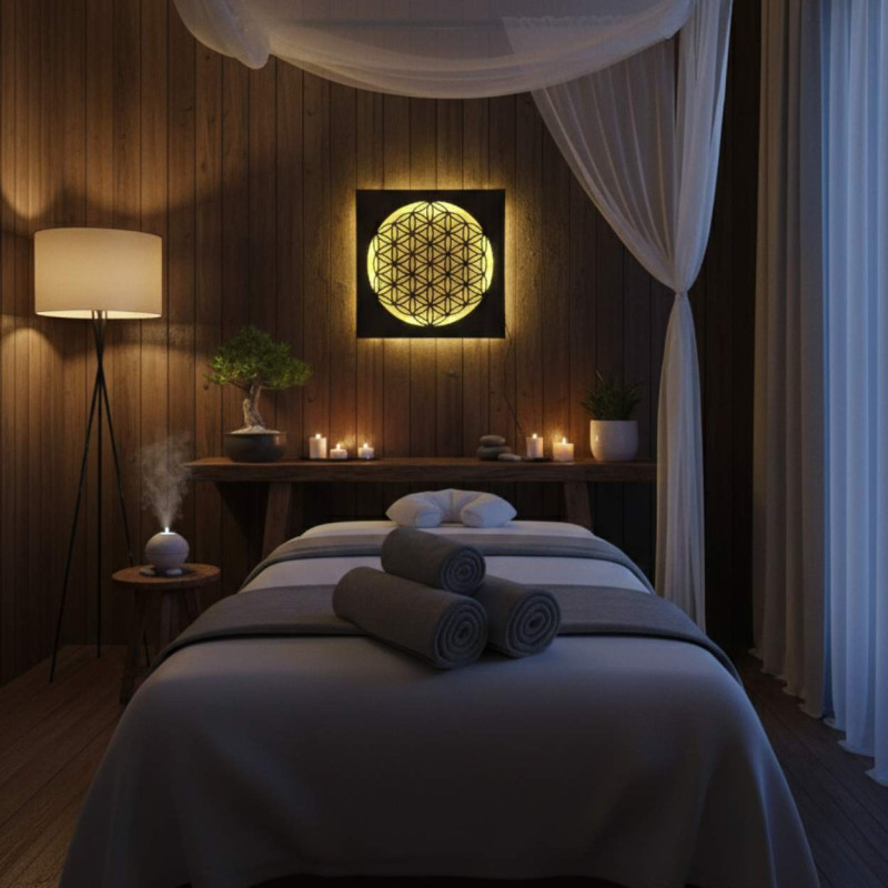 Podsvícená dřevěná mandala - dekorace do interiéru, relaxační světlo a ručně vyřezávaný ornament.