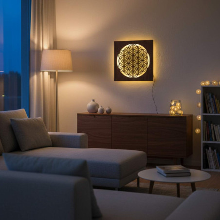 Podsvícená dřevěná mandala - dekorace do interiéru, relaxační světlo a ručně vyřezávaný ornament.