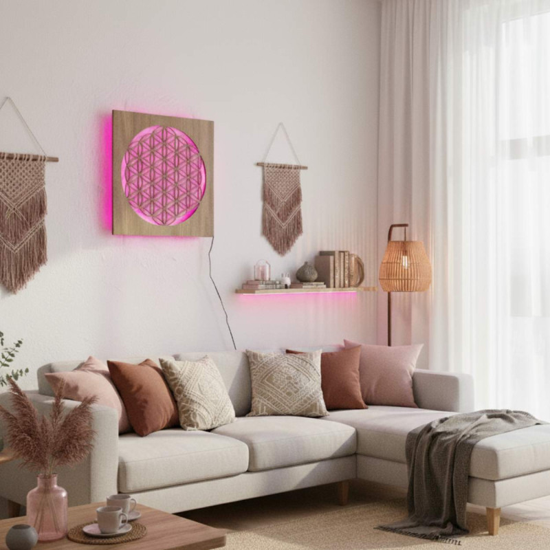 Podsvícená dřevěná mandala - dekorace do interiéru, relaxační světlo a ručně vyřezávaný ornament.