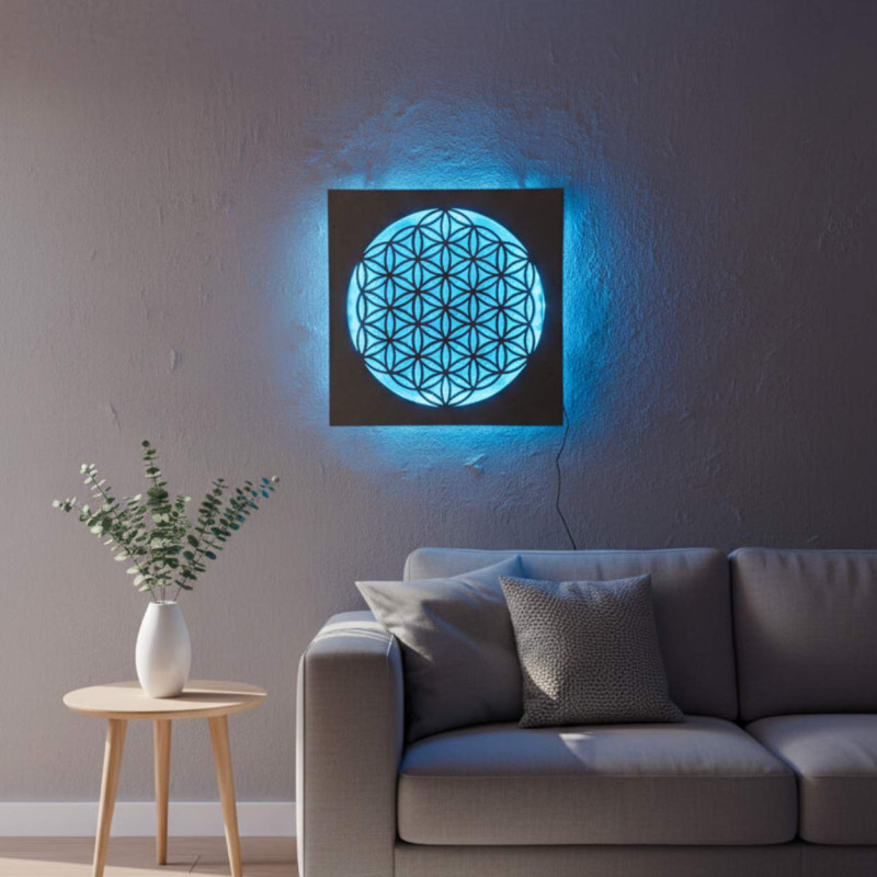 Podsvícená dřevěná mandala - dekorace do interiéru, relaxační světlo a ručně vyřezávaný ornament.