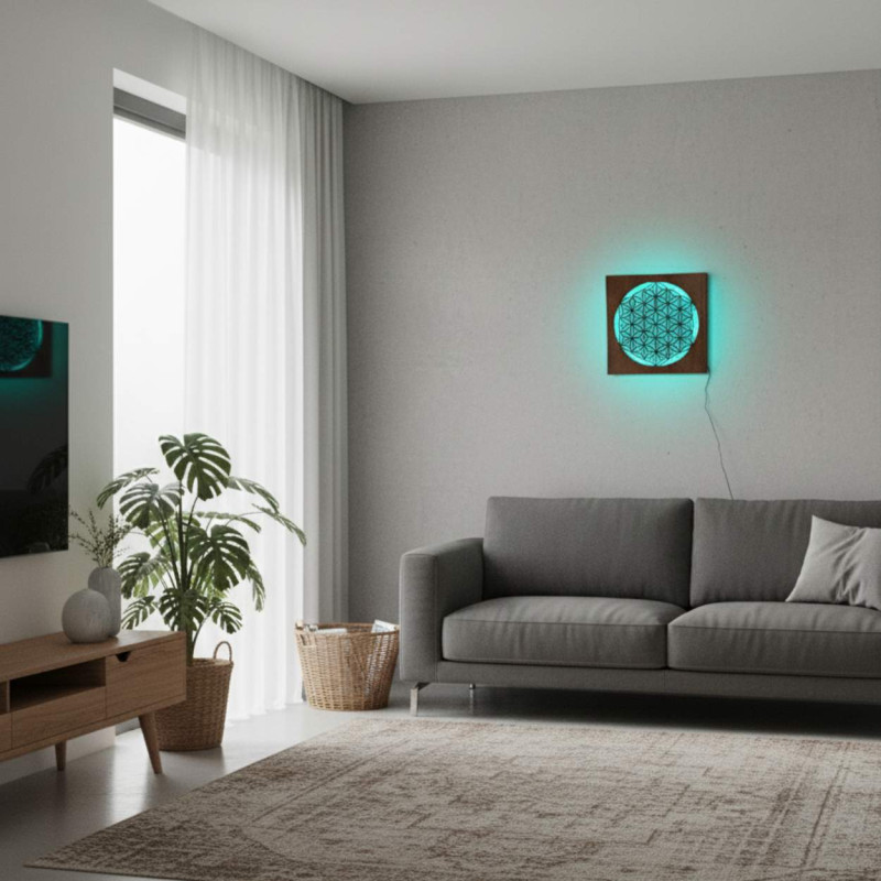 Dřevěná mandala s LED podsvícením – ideální jako stolní dekorace nebo dárek pro milovníky harmonie.