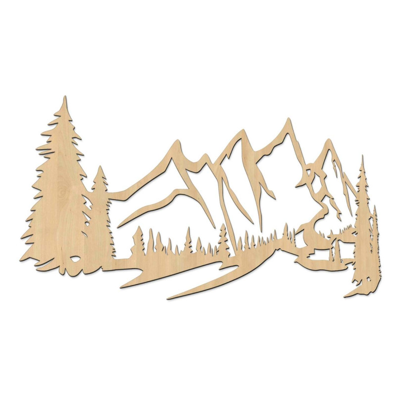 Dřevěný obraz na zeď s motivem hor a hustého lesa