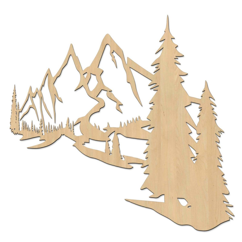 Dřevěný obraz na zeď s motivem hor a hustého lesa