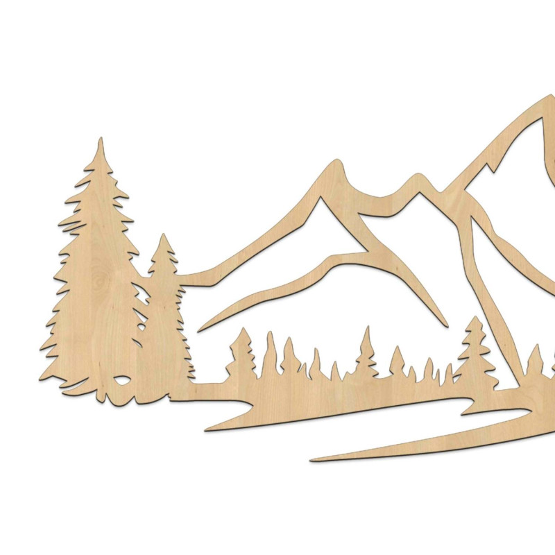 Dřevěný obraz na zeď s motivem hor a hustého lesa