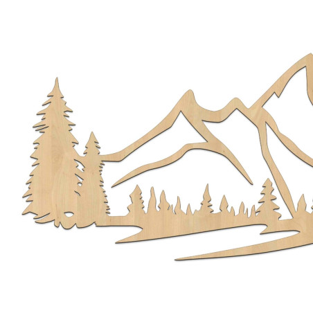 Dřevěný obraz na zeď s motivem hor a hustého lesa