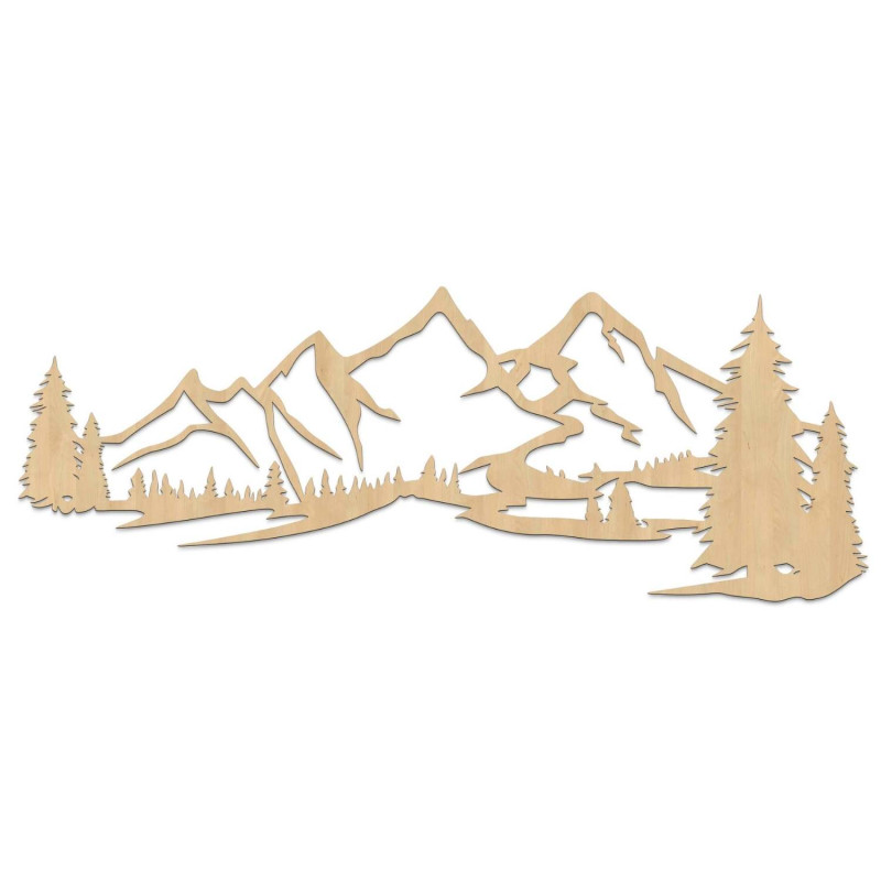 Dřevěný obraz na zeď s motivem hor a hustého lesa