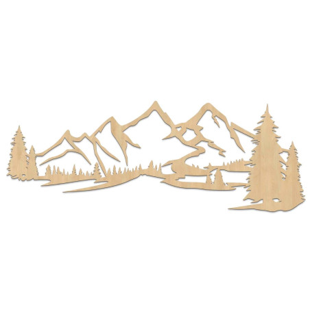 Dřevěný obraz na zeď s motivem hor a hustého lesa