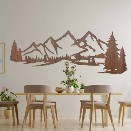 Nástěnná dřevěná dekorace – silueta hor a stromů v lese